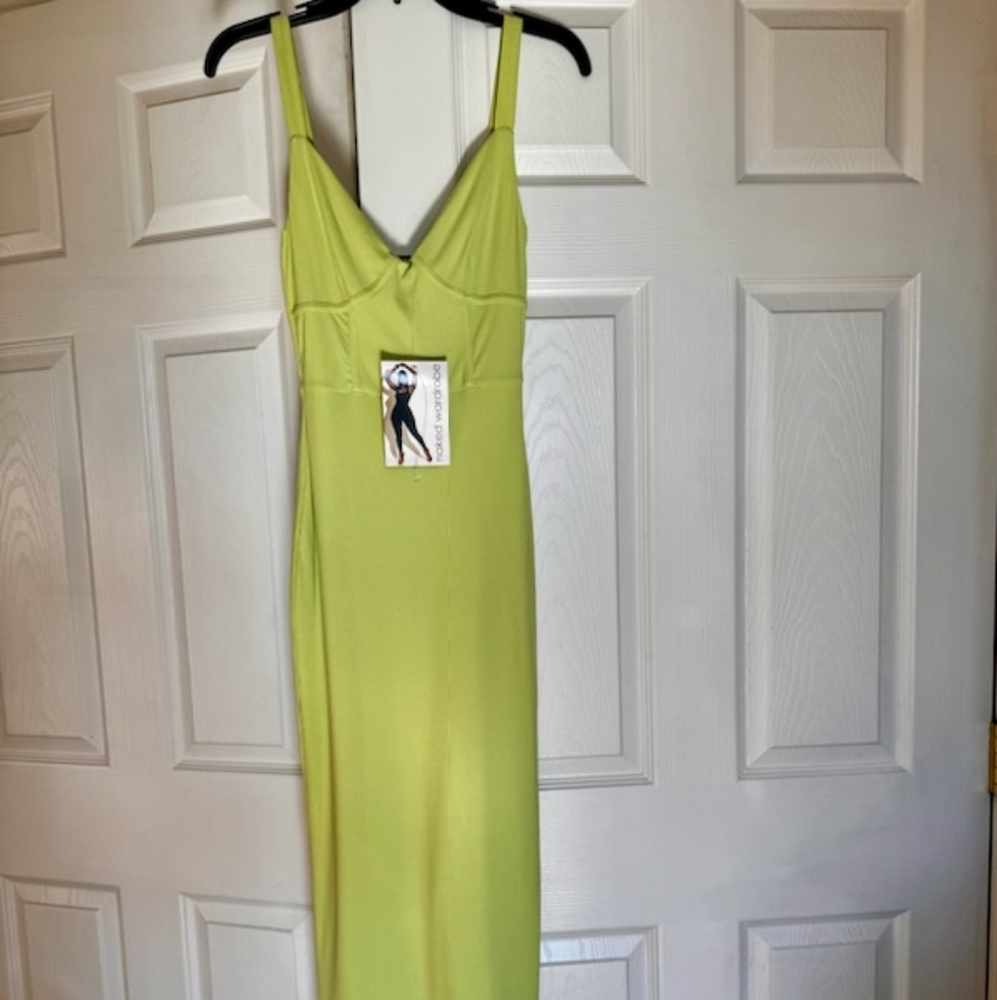 Brand New Naked Wardrobe Lime Green Ribbed Dress- M